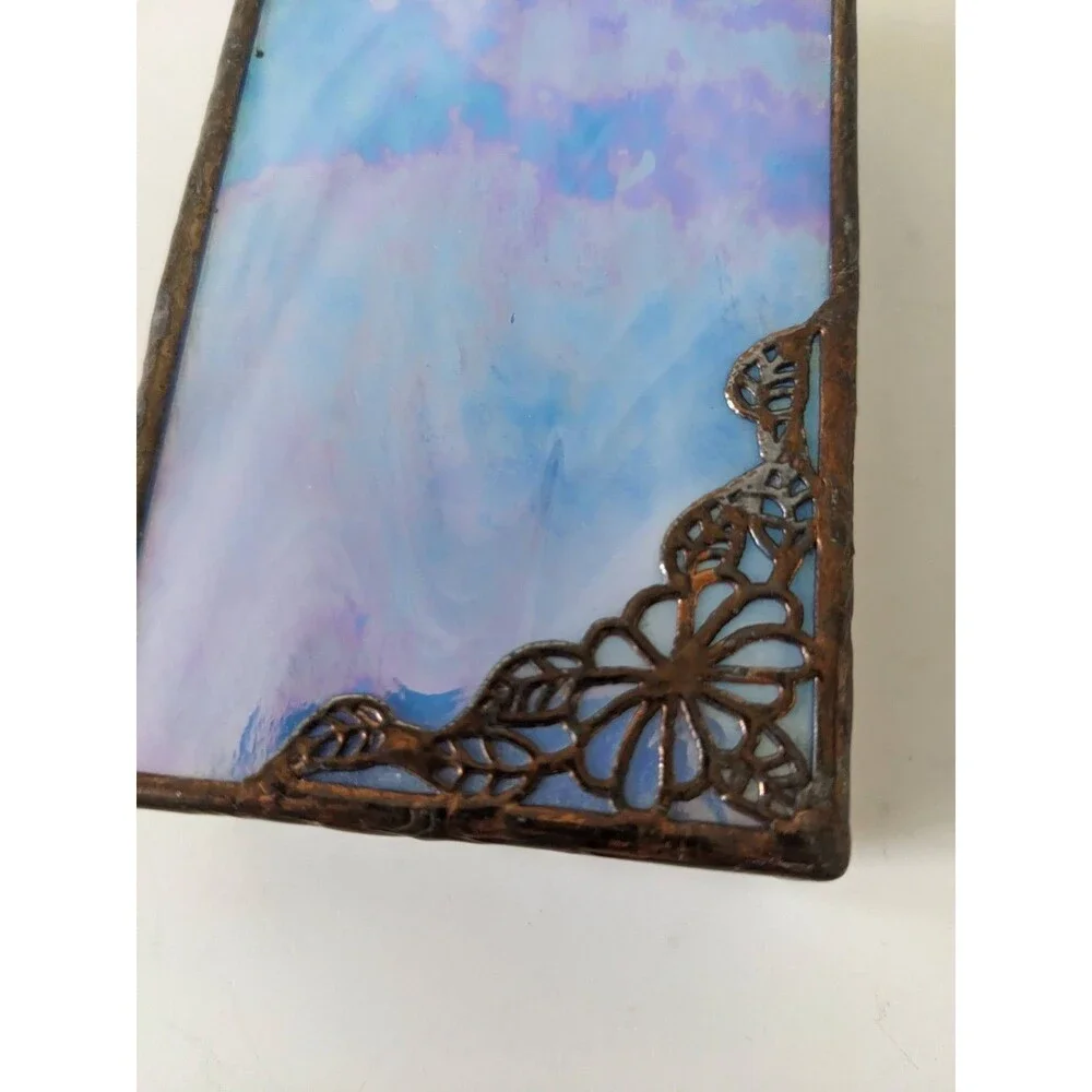 Vintage Stained Glass Brass Trinket Jewelry Box Blue With Mirrored Bottom Flower